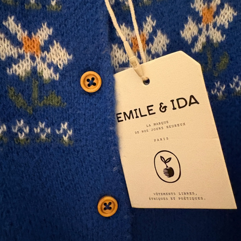 Emile et Aida Blue and white floral daisy knit cardigan 4T - Picture 3 of 6
